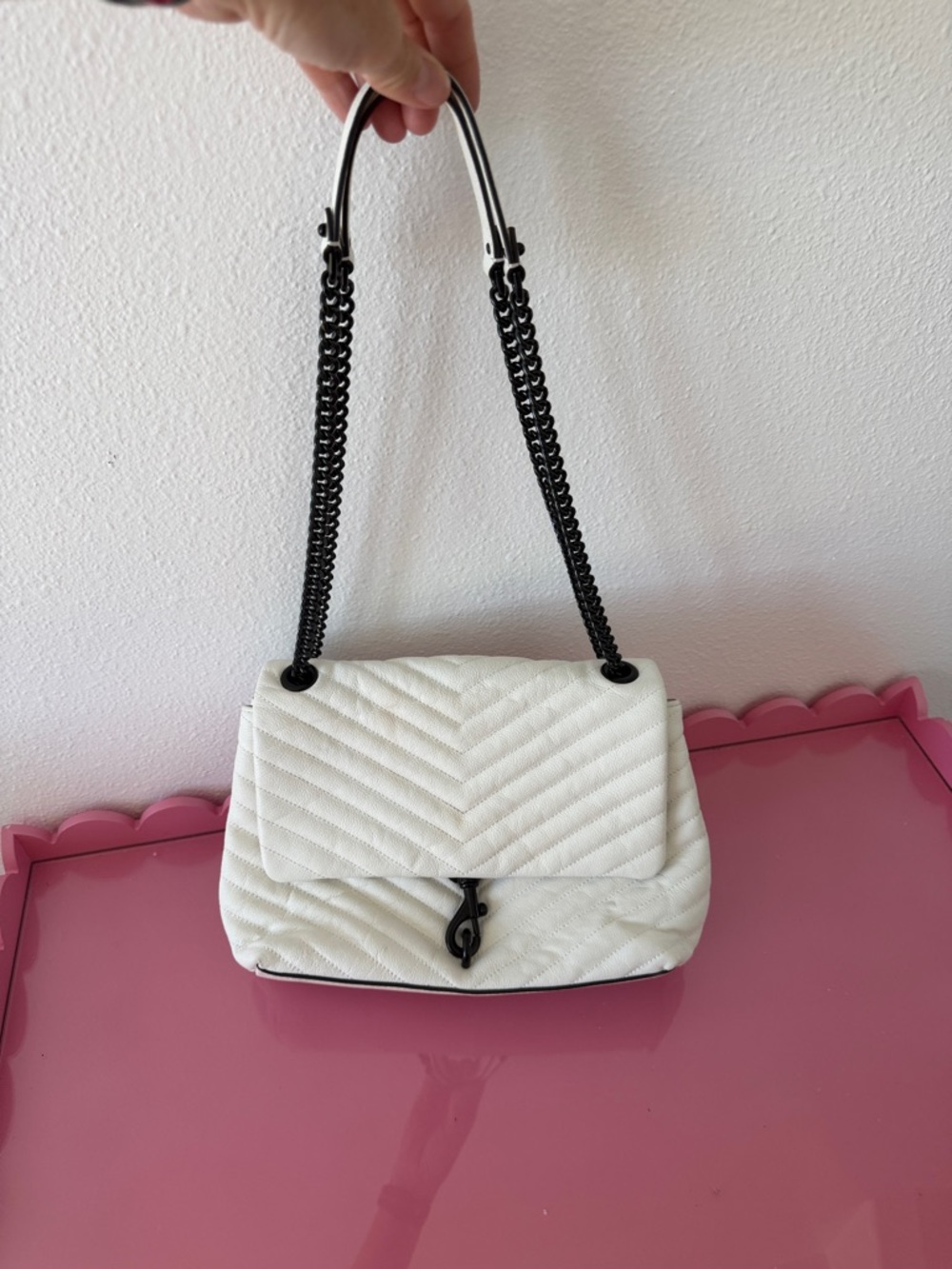 Rebecca Minkoff White Quilted Shoulder Bag with Black Chain Strap